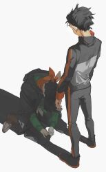  1boy absurdres black_hair cloak dual_persona hair_slicked_back highres hood hooded_cloak jacket kneeling kurattes long_sleeves looking_at_another looking_down natsuki_subaru official_alternate_costume re:zero_kara_hajimeru_isekai_seikatsu shadow short_hair standing track_jacket track_suit white_background 