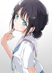  1girl black_hair blue_eyes blue_neckerchief blush cho_kaguya-hime! comadori09 commentary gradient_background grey_hair highres index_finger_raised looking_at_viewer mole mole_under_eye neckerchief sailor_collar sakayori_iroha shirt short_hair short_sleeves solo upper_body white_sailor_collar white_shirt 