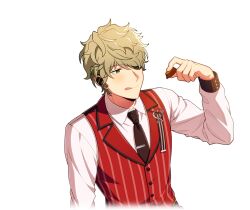  1boy black_necktie candy chocolate collared_shirt cropped_torso eyepatch food game_cg green_eyes green_hair hair_over_one_eye happy_elements headset helios_rising_heroes holding holding_food keith_max long_sleeves male_focus necktie non-web_source official_art one_eye_covered red_vest shirt short_hair solo striped_clothes tongue tongue_out transparent_background upper_body vest white_shirt 