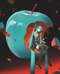  1girl apple aqua_eyes aqua_hair aqua_necktie bare_shoulders bitten_apple black_sleeves detached_sleeves food food_bite fruit grey_shirt hair_between_eyes hatsune_miku headset highres kieed long_hair looking_at_viewer necktie shirt sitting sleeveless sleeveless_shirt solo twintails very_long_hair vocaloid 