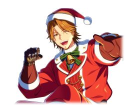  1boy bell brown_eyes brown_hair christmas clenched_hand facial_hair game_cg gloves goatee happy_elements hat helios_rising_heroes jay_kidman looking_at_viewer male_focus non-web_source official_art one_eye_closed open_mouth pants red_pants santa_costume santa_hat smile solo teeth transparent_background upper_teeth_only virtual_youtuber 