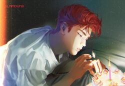  1boy birthday birthday_cake cake candle commentary copyright_name fire food holding_matchstick male_focus parted_lips pompadour red_hair sakuragi_hanamichi shirt short_hair slam_dunk_(series) solo untranslatable_commentary white_shirt zxs1103 