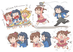  >_o 3girls ;d ^_^ ahoge arms_up black_hair black_pantyhose black_skirt blonde_hair blue_shirt bow bowl bowtie brown_hair carrying_overhead chibi chopsticks closed_eyes commentary_request feeding food holding holding_chopsticks ibuki_tsubasa idolmaster idolmaster_million_live! idolmaster_million_live!_theater_days kasuga_mirai long_hair mogami_shizuka multicolored_skirt multiple_girls multiple_views official_alternate_costume one_eye_closed one_side_up open_mouth pantyhose pink_shirt rainbow_prime_(idolmaster) red_bow red_bowtie red_skirt running shirt short_hair simple_background skirt smile strawberry_pop_moon_(idolmaster) tsubobot v-shaped_eyebrows white_background 