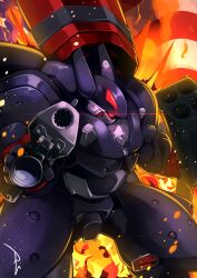  absurdres aiming aiming_at_viewer american_flag american_flag_background clip_studio_paint_(medium) commentary english_commentary feet_out_of_frame fiery_background fire glowing glowing_eye gun highres holding holding_gun holding_weapon mecha mecha_focus metal_wolf metal_wolf_chaos no_humans one-eyed raynlikerain red_eyes robot rocket_launcher science_fiction signature sparks standing weapon 