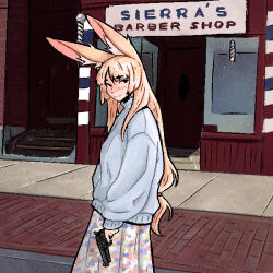  1girl animal_ear_fluff animal_ears barber_pole barber_shop black_eyes blonde_hair blue_sweater blunt_bangs blush brick_floor brick_wall building celebelian commentary cowboy_shot english_commentary english_text from_side gun hair_over_shoulder hime_cut holding holding_gun holding_weapon imminent_crime long_hair long_sleeves looking_at_viewer looking_to_the_side low-tied_long_hair original rabbit_ears rabbit_girl revolver shop sidewalk sign skirt smile solo stoop sweater very_long_hair weapon 