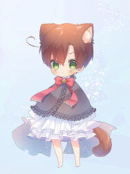  1boy aged_down ahoge animal_ear_fluff animal_ears axis_powers_hetalia barefoot bell black_cape blue_background blush brown_hair cape cat_boy cat_ears cat_tail child closed_mouth commentary_request decoco deformed dress full_body green_eyes hair_between_eyes jingle_bell kemonomimi_mode looking_at_viewer male_focus red_ribbon ribbon short_hair solo southern_italy_(hetalia) tail white_dress 