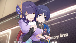  1boy 1girl armor artist_name behind_another belt black_belt black_bodysuit black_bow black_bridal_gauntlets black_hair blue_cape blue_gem blunt_bangs blunt_ends bodysuit bow bridal_gauntlets cape choppy_bangs closed_eyes earrings eyeliner facing_viewer fan_hair_ornament feathers fingernails flower furisode gem genshin_impact gold gold_ring gold_trim hair_flower hair_ornament hand_on_another's_arm hug hug_from_behind indoors japanese_armor japanese_clothes jewelry kimono kote kurokote long_hair long_sleeves looking_to_the_side makeup middle_ring mitsudomoe_(shape) mother_and_child mother_and_son open_mouth parent_and_child pink_nails purple_bridal_gauntlets purple_flower purple_kimono purple_pupils purple_rope purple_sash purple_sleeves raiden_shogun red_eyeliner ritore rope sash scaramouche_(genshin_impact) shoulder_peek side_cape sidelocks swept_bangs tassel tassel_earrings tomoe_(symbol) turtleneck turtleneck_bodysuit violet_eyes vision_(genshin_impact) wanderer_(genshin_impact) white_kimono white_mouth white_sleeves yellow_feathers 