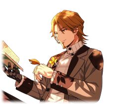  1boy book brown_eyes brown_hair brown_jacket facial_hair flower game_cg goatee happy_elements helios_rising_heroes holding holding_book jacket jay_kidman long_sleeves male_focus non-web_source official_art open_book open_clothes open_jacket shirt smile solo sweater transparent_background upper_body white_shirt white_sweater 