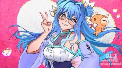  1girl blue_eyes blue_flower blue_hair bow breasts clockworkjoker detached_sleeves dress facial_mark fish flower glasses hair_bow hair_flower hair_intakes hair_ornament highres indie_virtual_youtuber large_breasts long_hair looking_at_viewer lucksshi open_mouth pink_background see-through_cleavage see-through_clothes smile v virtual_youtuber white_bow 