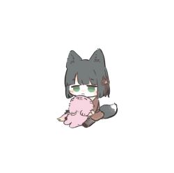  1girl :3 animal_ears animalization anyoji_hime anyoji_hime_(seal) ao_kaeru black_hair black_pantyhose blunt_bangs blunt_ends blush bob_cut brown_dress closed_mouth dress flower flower_knot fox_ears fox_girl fox_tail green_eyes hair_flower hair_ornament hasu_no_sora_school_uniform highres kemonomimi_mode link!_like!_love_live! long_sleeves love_live! momose_ginko pantyhose pink_flower sailor_collar sailor_dress school_uniform seal_(animal) short_hair smile tail virtual_youtuber white_sailor_collar winter_uniform 