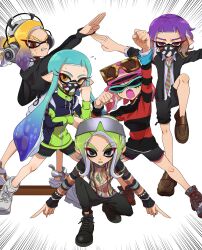  bike_shorts black_hoodie black_shoes blonde_hair blue_hair brown_shoes commentary_request eyelashes eyewear_on_head furrowed_brow ginyu_force_pose green_hair green_jacket grey_eyes headphones highres hood hoodie inkling_boy inkling_girl inkling_player_character jacket long_hair long_pointy_ears long_sleeves looking_at_viewer mask medium_hair mouth_mask multicolored_hair multiple_girls nanimaroom necktie octoling_player_character open_mouth orange_eyes pink_hair pointy_ears pose_imitation posing purple_hair red_eyes sandals shoes sidelocks splatoon_(series) striped_clothes striped_necktie sunglasses tentacle_hair white_sandals white_shoes 