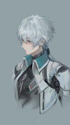  1boy asukayou closed_mouth commentary_request cropped_torso crossed_bangs from_side grey_background hair_between_eyes highres light_smile long_hair looking_to_the_side male_focus mole mole_under_mouth punishing:_gray_raven simple_background sketch solo wanshi:_lucid_dreamer_(pgr) wanshi_(pgr) white_hair yellow_eyes 