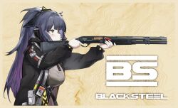  1girl a_wan absurdres arknights black_hair black_jacket blacksteel_worldwide_logo chinese_commentary clothes_writing colored_inner_hair commentary_request cropped_torso elevation_contour_lines finger_on_trigger from_side gun headset highres holding holding_gun holding_weapon jacket jessica_(arknights) jessica_the_liberated_(arknights) long_sleeves multicolored_hair pink_hair pouch profile shotgun solo strap weapon yellow_background yellow_eyes 