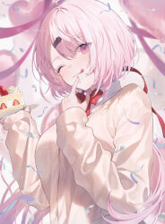  1girl balloon blush bow bowtie breasts cardigan closed_mouth collared_shirt commentary english_commentary fingernails food food_on_face hair_ornament hair_ribbon hairclip heart_balloon highres holding holding_plate large_breasts long_hair long_sleeves low_ponytail me_meel nail_polish nijisanji one_eye_closed pink_eyes pink_hair pink_nails pink_ribbon plate ponytail red_bow red_bowtie red_ribbon ribbon shiina_yuika shiina_yuika_(1st_costume) shirt shortcake smile solo tongue tongue_out virtual_youtuber white_shirt yellow_cardigan 