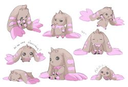  brown_fur closed_eyes digimon digimon_(creature) english_text highres horns lopmon loyaldis multiple_views no_humans pink_fur simple_background two-tone_fur white_background 