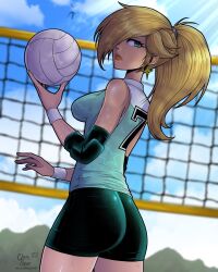  ass bare_shoulders blue_nails blue_shirt blue_sky breasts earrings hair_over_one_eye highres jewelry kluverdesigns looking_back ponytail rosalina shirt shorts sky sportswear star_(symbol) star_earrings super_mario_bros. super_mario_galaxy volleyball volleyball_net volleyball_uniform 