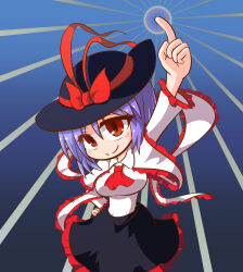  1girl arm_up ascot black_hat black_skirt blue_background blush bow breasts capelet closed_mouth collared_shirt commentary_request cowboy_shot deformed frilled_capelet frilled_shawl frills glowing glowing_hand gradient_background hand_on_own_hip hat hat_bow hat_ribbon highres kajiya_no_masa large_breasts looking_up nagae_iku no_nose one-hour_drawing_challenge pointing pointing_up purple_hair red_ascot red_bow red_eyes red_trim ribbon shawl shirt short_hair skirt smile solo sunburst touhou white_capelet white_shirt 