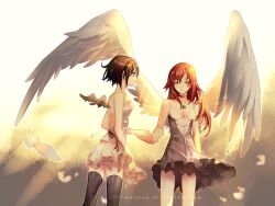  2girls alternate_costume alternate_hair_length_(longer) backless_dress backless_outfit black_choker black_hair black_ribbon black_thighhighs black_wings blue_eyes chinese_commentary choker commentary_request deviantart_username dress english_commentary expressionless falling_feathers feathered_wings feathers frilled_dress frills half-closed_eyes hand_up holding_hands kairi_(kingdom_hearts) kingdom_hearts long_hair looking_back mini_wings mixed-language_commentary multiple_girls outdoors red_hair ribbon rrr short_dress sleeveless sleeveless_dress thigh-highs twilight upper_body white_dress white_ribbon white_wings wings xion_(kingdom_hearts) 