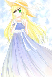  1girl bare_shoulders blonde_hair blue_background blue_dress closed_mouth commentary dot_mouth dot_nose dress eyepatch feet_out_of_frame hair_between_eyes hand_up hat hat_ribbon index_finger_raised long_dress long_hair long_sidelocks looking_at_viewer orange_hat othinus ribbon sidelocks sleeveless sleeveless_dress solo standing toaru_majutsu_no_index toaru_majutsu_no_index:_new_testament white_ribbon zang 