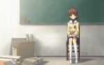  1girl blackboard chair classroom furukawa_nagisa highres official_art school_uniform sitting smile solo uwabaki wallpaper winter_uniform 