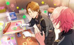  2boys ahoge apron brown_eyes brown_hair collared_shirt cum cum_on_body dino_albani facial facial_hair food game_cg gloves goatee happy_elements helios_rising_heroes highres holding jay_kidman male_focus multiple_boys non-web_source official_art open_mouth shirt single_glove star_(symbol) sweatdrop table teeth upper_teeth_only white_gloves 