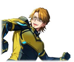  1boy bodysuit brown_eyes brown_hair clenched_hand clenched_hands facial_hair game_cg gloves goatee happy_elements helios_rising_heroes jay_kidman male_focus non-web_source official_art open_mouth smile solo teeth transparent_background upper_body upper_teeth_only 