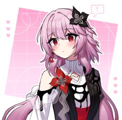  1girl ? black_flower black_jacket blush border closed_mouth commentary earrings evernight_(honkai:_star_rail) expressionless flower hair_flower hair_intakes hair_ornament heamil178211 highres honkai:_star_rail honkai_(series) jacket jewelry long_hair looking_at_viewer march_7th_(honkai:_star_rail) open_clothes open_jacket outline pink_background pink_hair red_eyes sidelocks single_earring solo spoken_question_mark turtleneck twintails upper_body white_border white_outline 