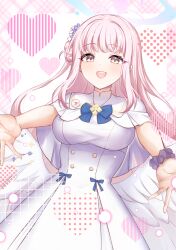  1girl :d angel_wings blue_archive blue_ribbon blush breasts buttons capelet commentary_request double-breasted dress flower frilled_dress frills hair_bun hair_flower hair_ornament halo heart incoming_hug long_hair long_sidelocks looking_at_viewer low_wings mashiro_aa medium_breasts mika_(blue_archive) outstretched_arms pink_hair pink_halo ribbon scrunchie side_up_bun sidelocks single_side_bun sleeveless sleeveless_dress smile solo textless_version white_capelet white_dress wings wrist_scrunchie yellow_eyes 