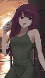  1girl against_railing alcohol_carton bare_shoulders black_bow blunt_bangs blurry blurry_background bocchi_the_rock! bow braid braided_ponytail commentary_request cowboy_shot dress drink_carton green_dress highres hiroi_kikuri holding holding_drink_carton long_hair looking_at_viewer mayoni purple_hair railing reflection reflective_liquid standing sunset tongue tongue_out violet_eyes water 