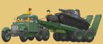  3girls brown_eyes brown_hair caterpillar_tracks girls_und_panzer gloves green_eyes highres hoshino_(girls_und_panzer) ilma jumpsuit long_hair military military_vehicle motor_vehicle multiple_girls nakajima overalls panzerkampfwagen_iv short_hair smile suzuki_(girls_und_panzer) tank truck uniform vehicle 