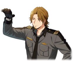  1boy black_gloves black_necktie breast_pocket brown_eyes brown_hair closed_mouth collared_shirt cropped_torso facial_hair game_cg gloves goatee grey_shirt happy_elements helios_rising_heroes jay_kidman long_sleeves male_focus necktie non-web_source official_art parted_bangs pocket shirt smile solo transparent_background upper_body 