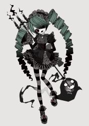  1girl absurdres bags_under_eyes black_bow black_bowtie black_dress black_eyes black_fire black_hair black_hairband black_shoes bow bowtie candle candlestand colored_skin commentary_request dress drill_hair fangs fire frilled_dress frilled_hairband frills ghost gothic_&amp;_horror_hatsune_miku_design_contest gothic_lolita gradient_hair green_hair grey_background hairband hatsune_miku head_tilt heterochromia highres holding holding_candlestand invisible_floor juliet_sleeves lolita_fashion lolita_hairband long_hair long_sleeves looking_at_viewer multicolored_hair open_mouth pantyhose platform_heels pome_nanoda puffy_sleeves raised_inner_eyebrows red_eyes shoes short_dress simple_background skin_fangs sleeves_past_fingers sleeves_past_wrists smile solo standing standing_on_one_leg striped_bow striped_bowtie striped_clothes striped_pantyhose twin_drills vocaloid white_skin 