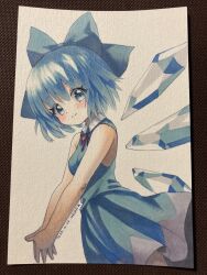  1girl absurdres blue_bow blue_dress blue_eyes blue_hair bow cirno closed_mouth commentary_request dated dress from_side hair_bow highres ice ice_wings looking_at_viewer mosho neck_ribbon red_ribbon ribbon short_hair signature sleeveless sleeveless_dress smile solo touhou traditional_media wings 