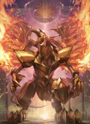  claws colored_skin commentary_request duel_monster fire forehead_jewel hieratic_text highres looking_up no_humans open_mouth sharp_teeth solo_focus spareribs standing stone_tablet tail teeth the_winged_dragon_of_ra the_winged_dragon_of_ra_-_sphere_mode wings yu-gi-oh! yu-gi-oh!_duel_monsters 