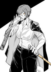  1girl absurdres blood blood_on_face breasts brown_hair choehye79976282 coat coat_on_shoulders commentary_request cowboy_shot dark-skinned_female dark_skin highres holding holding_sword holding_weapon korean_commentary kurokumo_clan_(identity)_(project_moon) large_breasts limbus_company outis_(project_moon) pants partially_colored project_moon shirt short_hair simple_background sword weapon 