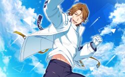  1boy blue_sky brown_eyes brown_hair clenched_hand clouds cum cum_on_body facial facial_hair game_cg gloves goatee happy_elements helios_rising_heroes highres jacket jay_kidman long_sleeves looking_at_viewer male_focus midriff_peek navel non-web_source official_art one_eye_closed open_clothes open_jacket open_mouth pants shirt sky smile solo teeth upper_teeth_only white_gloves 