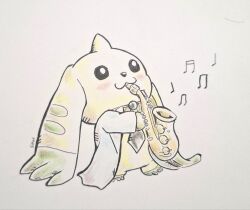 blush coat digimon digimon_(creature) ethylcat highres holding holding_instrument holding_saxophone horns instrument lab_coat looking_at_viewer musical_note no_humans open_clothes open_coat saxophone simple_background single_horn solo terriermon terriermon_joshu traditional_media white_coat white_fur 