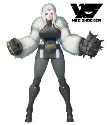  1girl belt belt_buckle black_belt black_boots black_pants boots breasts bright_pupils buckle clenched_hands clenched_teeth commentary eidenjyou1997 emblem english_commentary forehead_jewel full_body fur_(clothing) genderswap genderswap_(mtf) gorilla_girl highres kamen_rider large_breasts long_hair looking_at_viewer mantle_kong mechanical_hands monster_girl neo_kamen_rider pants red_eyes sharp_teeth shocker_(kamen_rider) simple_background solo standing teeth thigh_boots white_background white_fur white_hair 