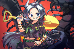  1girl back_bow black_shirt black_skirt blue_eyes bow bug centipede collared_shirt commentary_request dot_nose fingernails floating_clothes floating_hair green_nails grey_hair grin hand_on_own_hip hand_up himemushi_momoyo holding holding_shovel jewelry long_hair looking_at_viewer messy_hair midriff navel orange_bow over_shoulder oversized_bug parted_bangs red_background ring shirt short_sleeves shovel skirt skirt_set smile solo touhou unconnected_marketeers v-shaped_eyebrows very_long_hair wrist_bow x_pape 