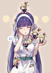  ... 6+girls ^_^ absurdres apron aqua_belt belt blonde_hair blue_hair blunt_bangs blush_stickers brown_background chibi chibi_inset chibi_on_head closed_eyes collared_shirt commentary_request double_bun frilled_apron frills frown furrowed_brow green_ribbon hair_between_eyes hair_bun hair_ornament hair_ribbon hair_stick hairband hand_on_own_cheek hand_on_own_face hands_up heaven_burns_red highres holding_chibi kanzaki_adelheid long_hair looking_at_viewer maid_apron mok_kan motion_lines multiple_girls multiple_persona neck_ribbon on_head open_mouth peeking_out ponytail puff_of_air puffy_short_sleeves puffy_sleeves red_ribbon ribbon satsuki_mari shirt short_sleeves sidelocks simple_background speech_bubble straight_hair very_long_hair white_apron white_hairband white_ribbon white_shirt 