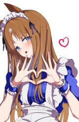  1girl amasa_(ama_sa3) animal_ears apron blue_eyes blush brown_hair commentary_request four-finger_heart_hands frilled_wrist_cuffs frills grass_wonder_(umamusume) heart heart_hands highres horse_ears horse_girl long_hair looking_at_viewer maid maid_apron maid_headdress multicolored_hair open_mouth short_sleeves simple_background smile solo umamusume upper_body white_background white_hair wrist_cuffs 