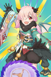  1girl ahoge black_gloves blush demon_horns detached_sleeves dragon_girl dragon_horns dragon_wings duel_monster fang flower gloves hair_flower hair_ornament hair_over_one_eye horns inori_(new_year)_(princess_connect!) inori_(princess_connect!) japanese_clothes kimono long_hair long_sleeves looking_at_viewer low_twintails miya_(art_aefu) obi official_alternate_costume open_mouth outstretched_arms pink_hair princess_connect! red_eyes sash skin_fang smile solo twintails wide_sleeves wings 