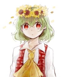  1girl ascot commentary falling_petals flower green_hair head_wreath highres kazami_yuuka looking_at_viewer petals plaid_clothes plaid_vest red_eyes red_vest shirt short_hair simple_background solo sunflower tama_(hiroshige_36) touhou upper_body vest white_background white_shirt yellow_ascot 