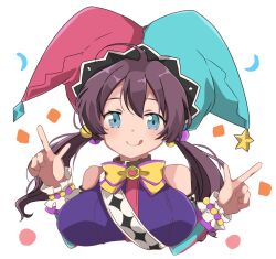  1girl blue_eyes blush bow bowtie breasts closed_mouth commentary_request hair_between_eyes hands_up hat hikaru_(sgst) jester_cap large_breasts licking_lips long_hair low_twintails megido72 multicolored_hat nybbas_(megido72) pointing purple_hair shirt simple_background sleeveless sleeveless_shirt smile solo tongue tongue_out twintails upper_body white_background yellow_bow 
