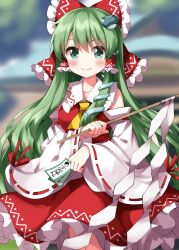  1girl ascot between_fingers blush bow commentary_request cosplay cowboy_shot detached_sleeves frilled_hair_tubes frills frog_hair_ornament gohei green_eyes green_hair hair_bow hair_ornament hair_tubes hakurei_reimu hakurei_reimu_(cosplay) highres holding holding_gohei holding_ofuda kochiya_sanae long_hair looking_at_viewer ofuda ofuda_between_fingers red_bow red_ribbon ribbon ribbon-trimmed_sleeves ribbon_trim ruu_(tksymkw) smile snake_hair_ornament solo touhou wide_sleeves yellow_ascot 