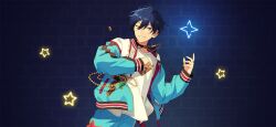  1boy black_choker blue_eyes blue_hair choker clenched_hand clenched_teeth coin crew_neck double-parted_bangs ensemble_stars! fingernails game_cg gold_necklace hair_between_eyes hands_up happy_elements hidaka_hokuto jacket jewelry layered_clothes looking_at_viewer male_focus necklace official_art one_eye_closed open_clothes open_jacket shirt short_hair smile solo star_(symbol) surprising_thanks!!_(ensemble_stars!) teeth third-party_source variant_set white_shirt zipper_pull_tab 