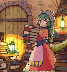  1girl blush book book_stack bookshelf bow closed_mouth commentary_request cowboy_shot door dress frilled_dress frilled_sleeves frills green_hair grey_hat hair_bow hat highres holding holding_book indoors kou1 layered_sleeves long_hair long_sleeves looking_at_viewer original pink_eyes red_dress short_over_long_sleeves short_sleeves slit_pupils solo yellow_bow 