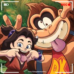  1boy 1girl artist_name battery_indicator blue_eyes brown_eyes brown_hair commentary corygangstermonkey cross-eyed donkey_kong donkey_kong_(series) donkey_kong_bananza english_commentary eyelashes freckles game_screenshot_background gorilla grin highres making_faces medium_hair mouth_pull necktie nostrils pauline_(nintendo) pauline_(young)_(nintendo) ponytail recording red_necktie screenshot_background short_ponytail signature smile suspenders teeth tongue tongue_out 