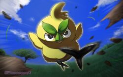  animal_focus bird black_eyes blue_sky bright_pupils browt clouds commentary day debris emphasis_lines english_commentary full_body grass leaf motion_blur no_humans open_mouth outdoors pokemon pokemon_(creature) pokemon_focus sky solo sosososn4 tree twitter_username white_pupils 