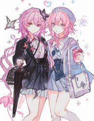  2girls alternate_costume bag black_bag black_jacket black_skirt black_umbrella blue_eyes blue_hat blue_jacket blue_skirt closed_umbrella collared_shirt commentary_request cup disposable_cup drinking_straw dual_persona evernight_(honkai:_star_rail) evey_(honkai:_star_rail) feet_out_of_frame flower hair_flower hair_ornament hat highres holding holding_cup holding_umbrella honkai:_star_rail honkai_(series) jacket kneehighs long_hair looking_at_viewer march_7th_(honkai:_star_rail) march_7th_(impression)_(honkai:_star_rail) medium_hair multicolored_eyes multiple_girls nonoko_(nocnnc_0228) official_alternate_costume pink_eyes pink_hair red_eyes shirt shoulder-to-shoulder shoulder_bag simple_background skirt smile socks two-tone_eyes umbrella very_long_hair white_background white_bag white_shirt white_socks 